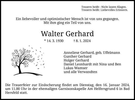 Traueranzeige von Walter Gerhard von HZ