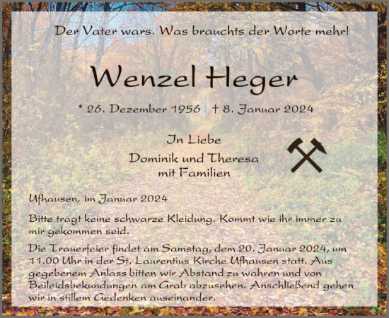 Traueranzeige von Wenzel Heger von HZ