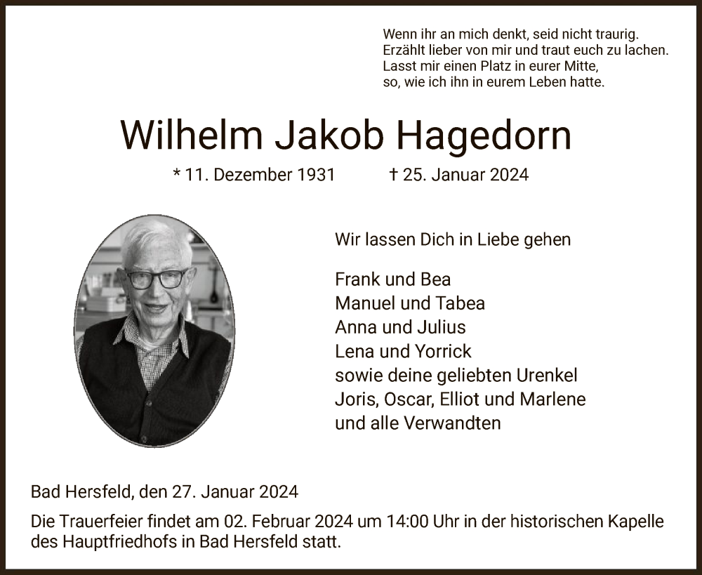  Traueranzeige für Wilhelm Jakob Hagedorn vom 27.01.2024 aus HZ