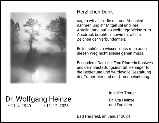 Traueranzeige von Wolfgang Heinze von HZ