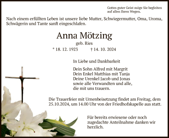 Traueranzeige von Anna Mötzing von HZ