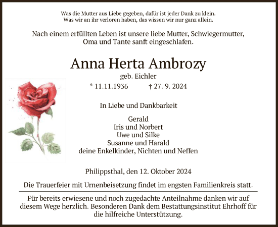 Traueranzeige von Anna Herta Ambrozy von HZ