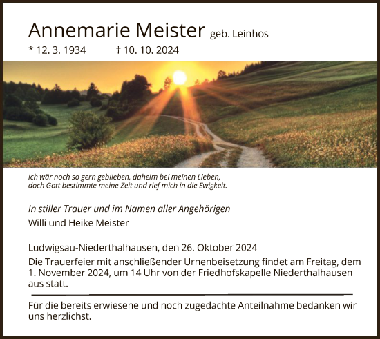 Traueranzeige von Annemarie Meister von HZHNA