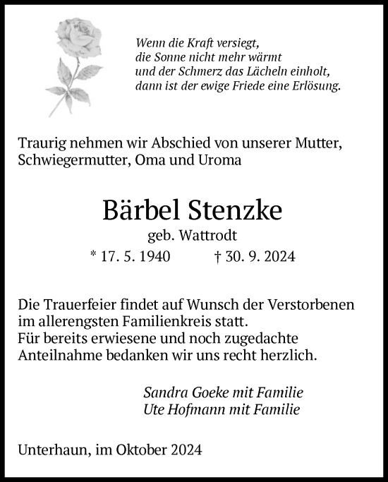 Traueranzeige von Bärbel Stenzke von HZ