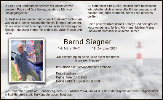 Traueranzeige von Bernd Siegner von HZ