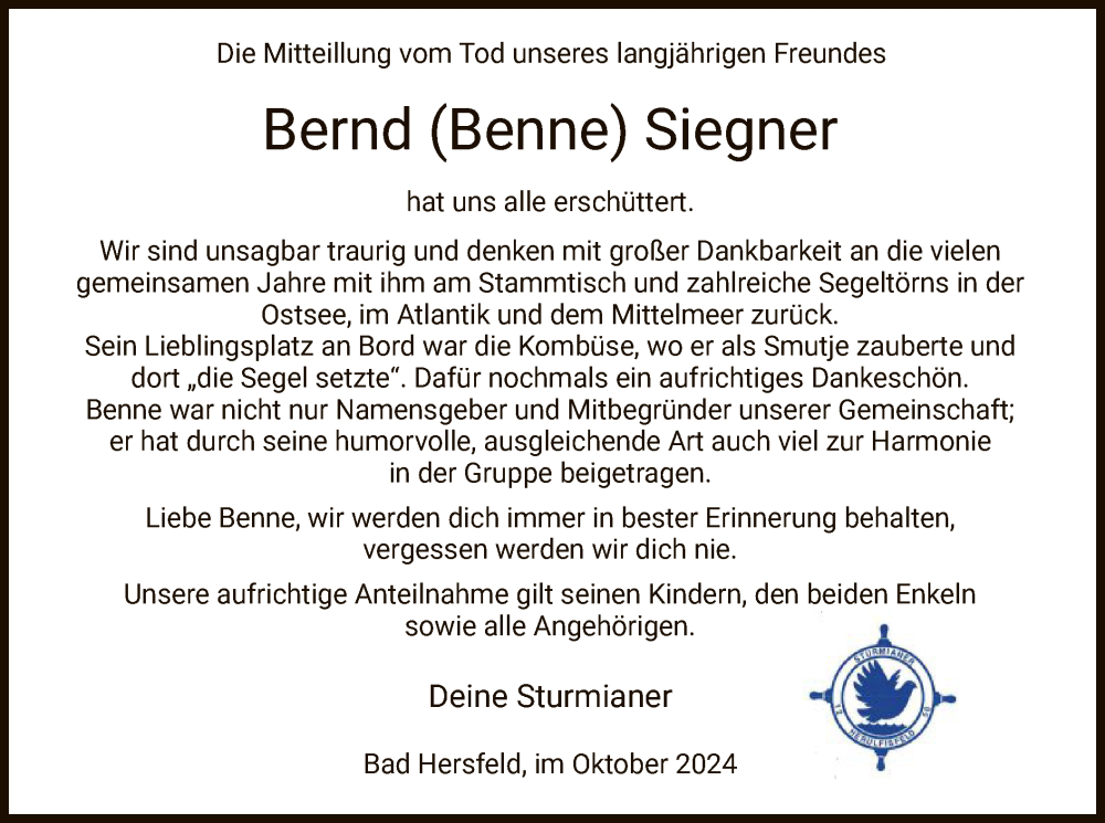  Traueranzeige für Bernd Siegner vom 26.10.2024 aus HZ