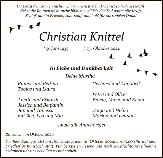 Traueranzeige von Christian Knittel von HZ
