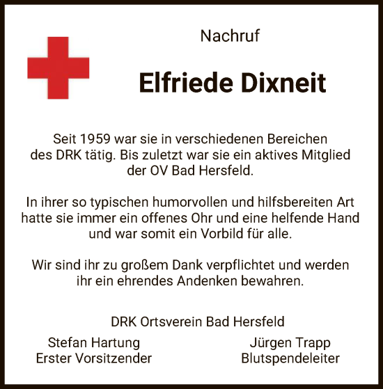 Traueranzeige von Elfriede Dixneit von HZ