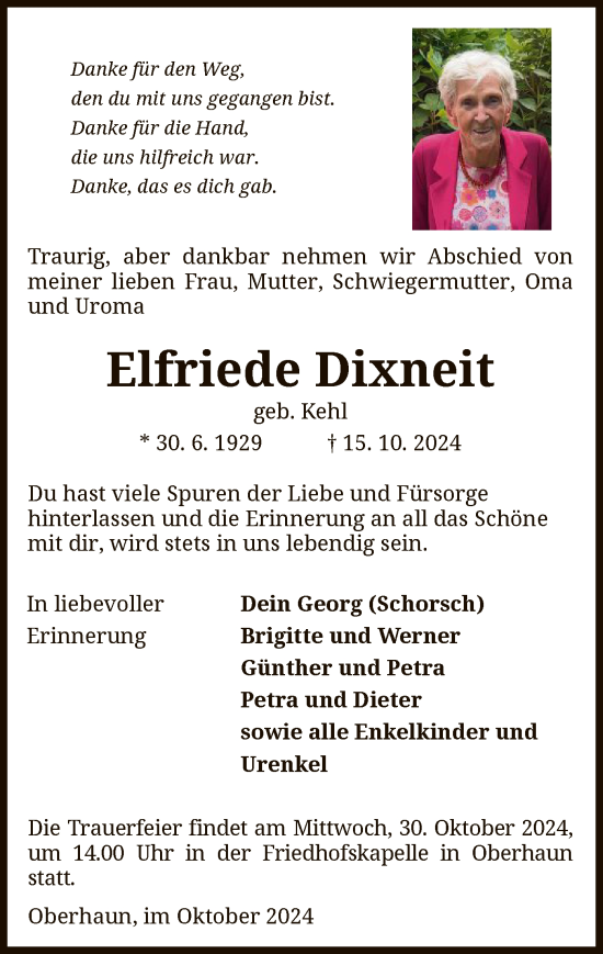 Traueranzeige von Elfriede Dixneit von HZ