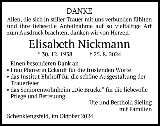 Traueranzeige von Elisabeth Nickmann von HZ