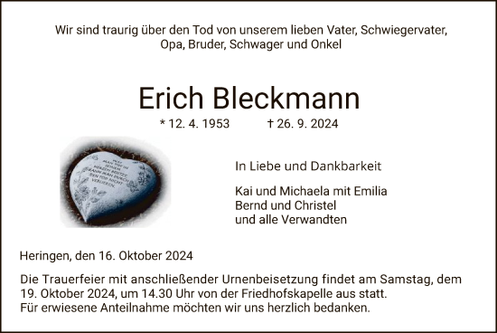 Traueranzeige von Erich Bleckmann von HZ