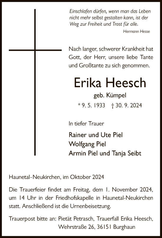 Traueranzeige von Erika Heesch von HZ