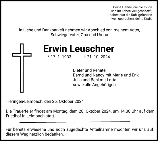 Traueranzeige von Erwin Leuschner von HZ