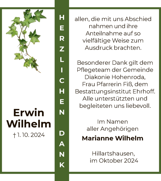 Traueranzeige von Erwin Wilhelm von HZ