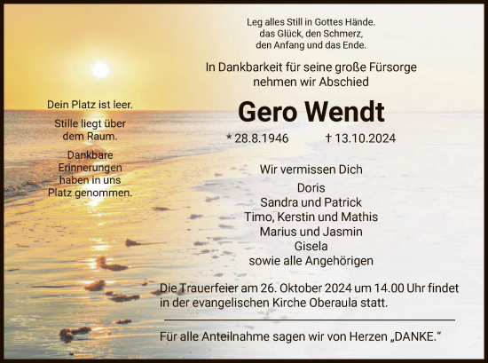 Traueranzeige von Gero Wendt von HNAHZ