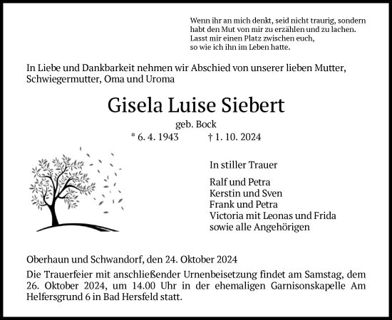 Traueranzeige von Gisela Luise Siebert von HZ