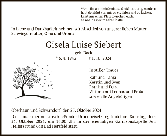 Traueranzeige von Gisela Luise Siebert von HZ