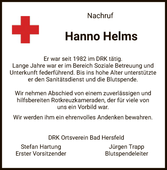 Traueranzeige von Hanno Helms von HZ