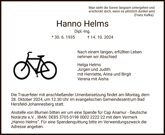 Traueranzeige von Hanno Helms von HZ