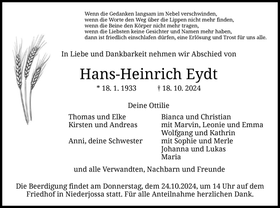 Traueranzeige von Hans-Heinrich Eydt von HZ