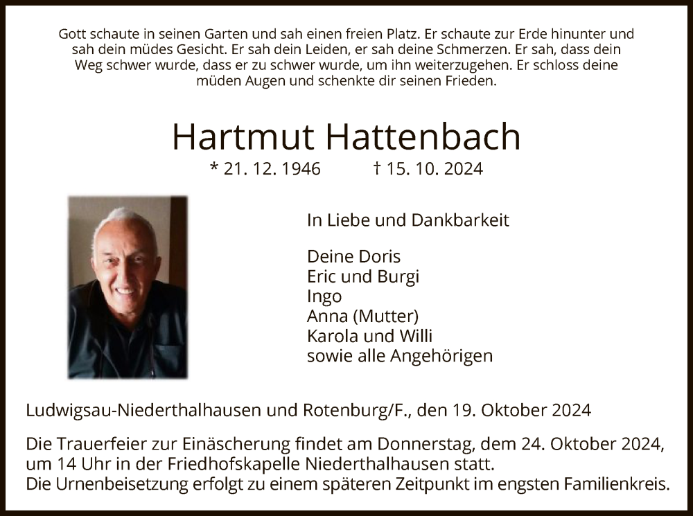  Traueranzeige für Hartmut Hattenbach vom 19.10.2024 aus HZHNA