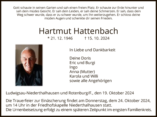 Traueranzeige von Hartmut Hattenbach von HZHNA