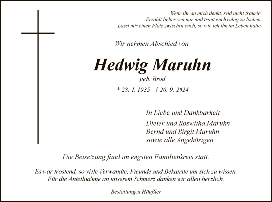 Traueranzeige von Hedwig Maruhn von HZHNA