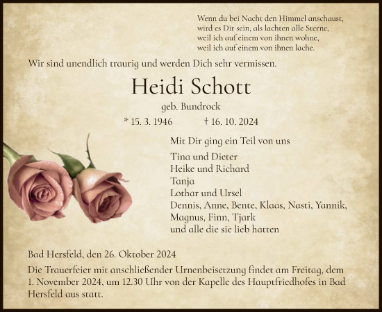 Traueranzeige von Heidi Schott von HZ