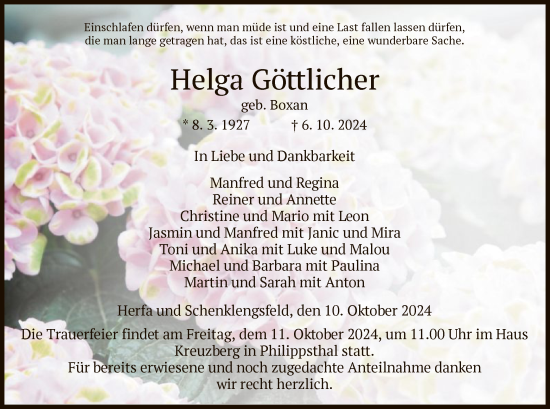 Traueranzeige von Helga Göttlicher von HZ