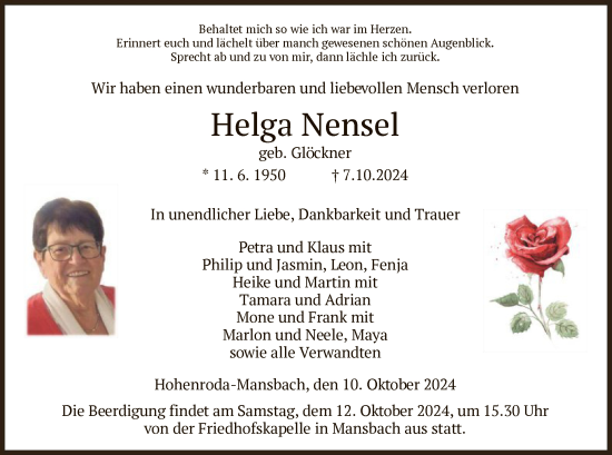 Traueranzeige von Helga Nensel von HZ