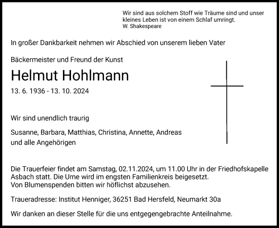 Traueranzeige von Helmut Hohlmann von HZ