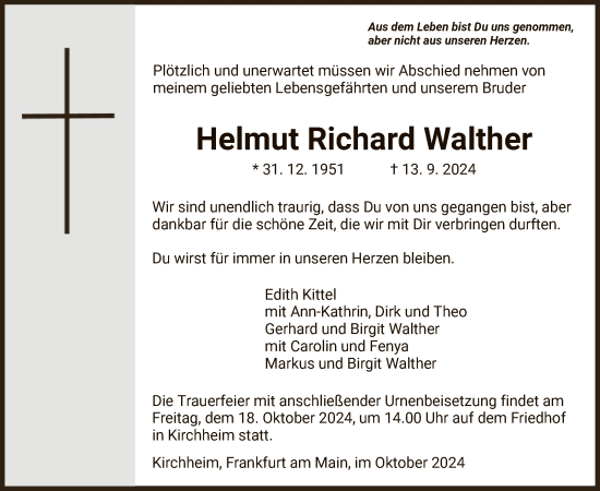 Traueranzeige von Helmut Richard Walther von HZ