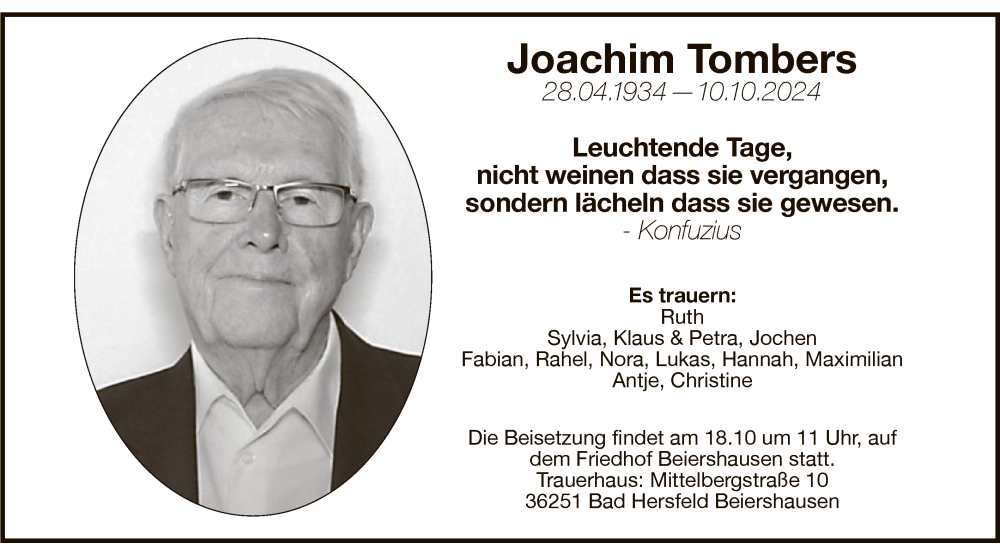  Traueranzeige für Joachim Tombers vom 15.10.2024 aus HZ