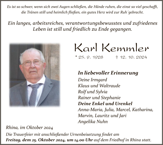 Traueranzeige von Karl Kemmler von HZHNA