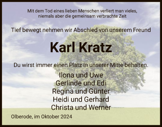 Traueranzeige von Karl Kratz von HNAHZ