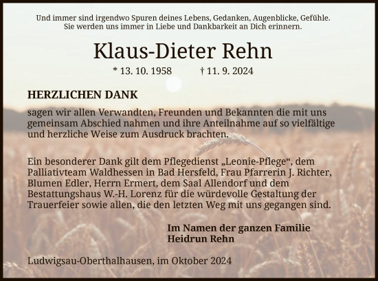 Traueranzeige von Klaus-Dieter Rehn von HZHNA