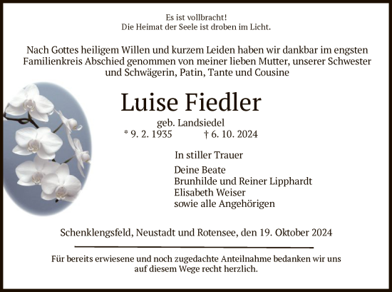 Traueranzeige von Luise Fiedler von HZ