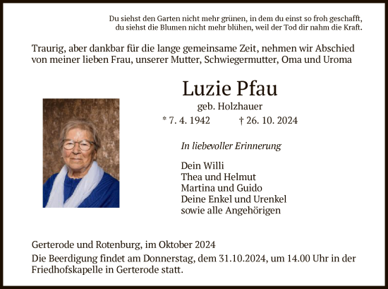 Traueranzeige von Luzie Pfau von HZ