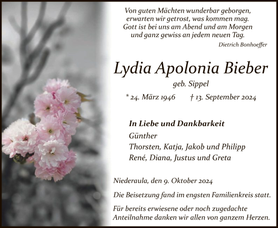 Traueranzeige von Lydia Apolonia Bieber von HZ