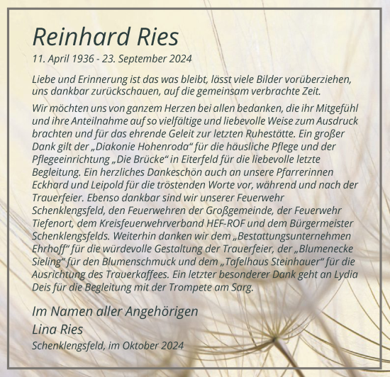 Traueranzeige von Reinhard Ries von HZ