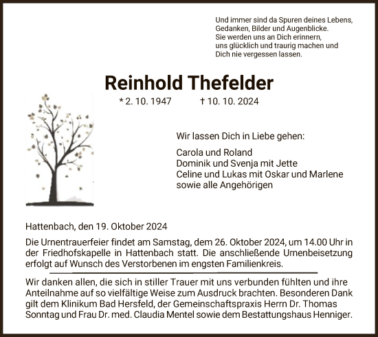 Traueranzeige von Reinhold Thefelder von HZ