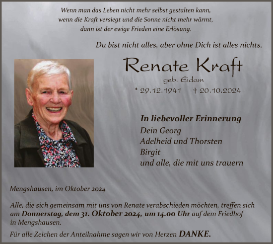 Traueranzeige von Renate Kraft von HZ