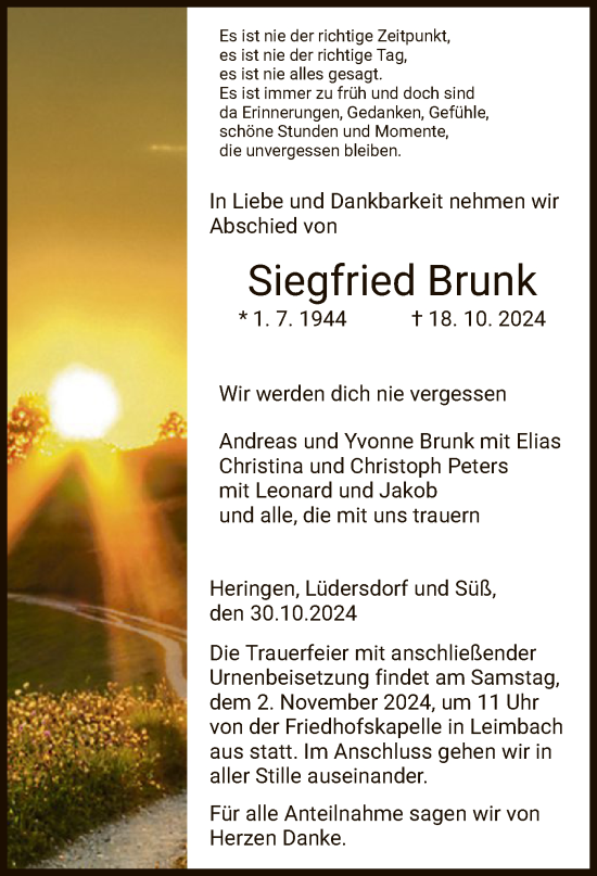 Traueranzeige von Siegfried Brunk von HZ