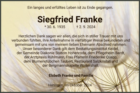 Traueranzeige von Siegfried Franke von HZHNA