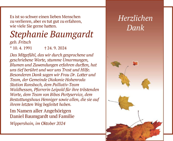 Traueranzeige von Stephanie Baumgardt von HZ