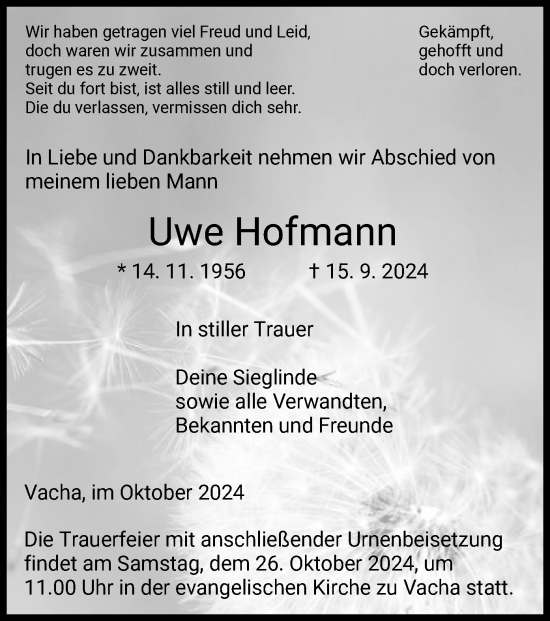 Traueranzeige von Uwe Hofmann von HZ