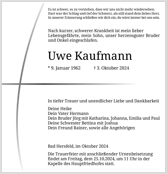 Traueranzeige von Uwe Kaufmann von HZHNA