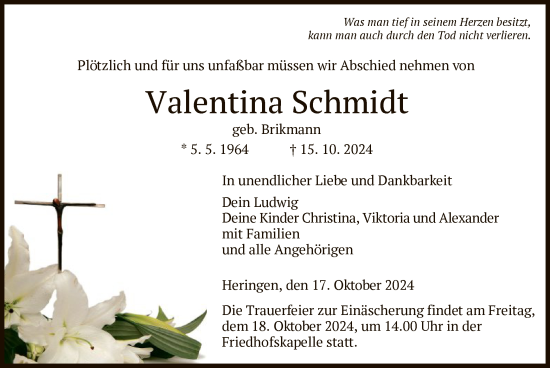 Traueranzeige von Valentina Schmidt von HZ