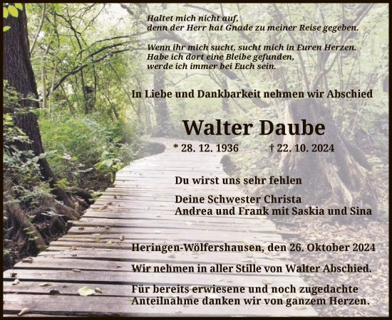 Traueranzeige von Walter Daube von HZ