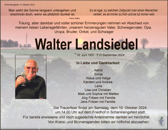 Traueranzeige von Walter Landsiedel von HZHNA